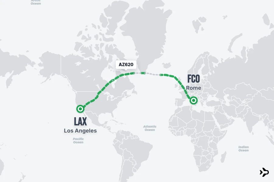 AZ620 flight map from FCO to LAX
