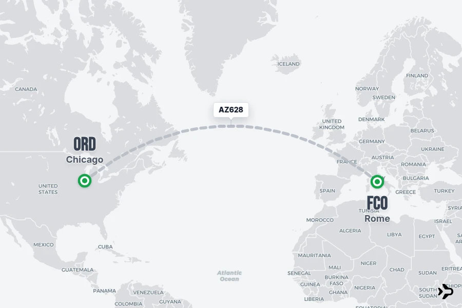 AZ628 flight map from FCO to ORD