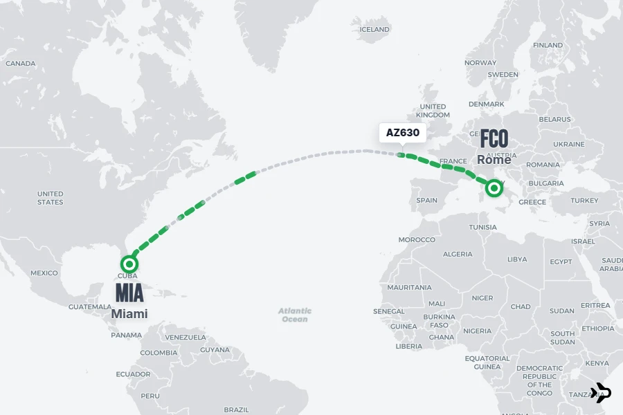 AZ630 flight map from FCO to MIA