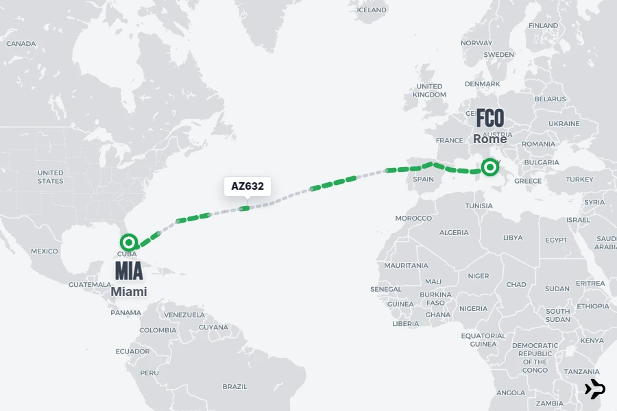 AZ632 flight map from FCO to MIA