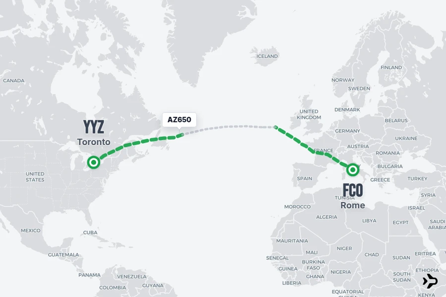 AZ650 flight map from FCO to YYZ