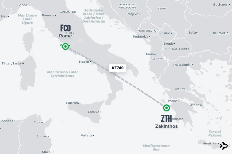 AZ749 flight map from ZTH to FCO