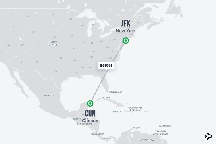 B61051 flight map from JFK to CUN
