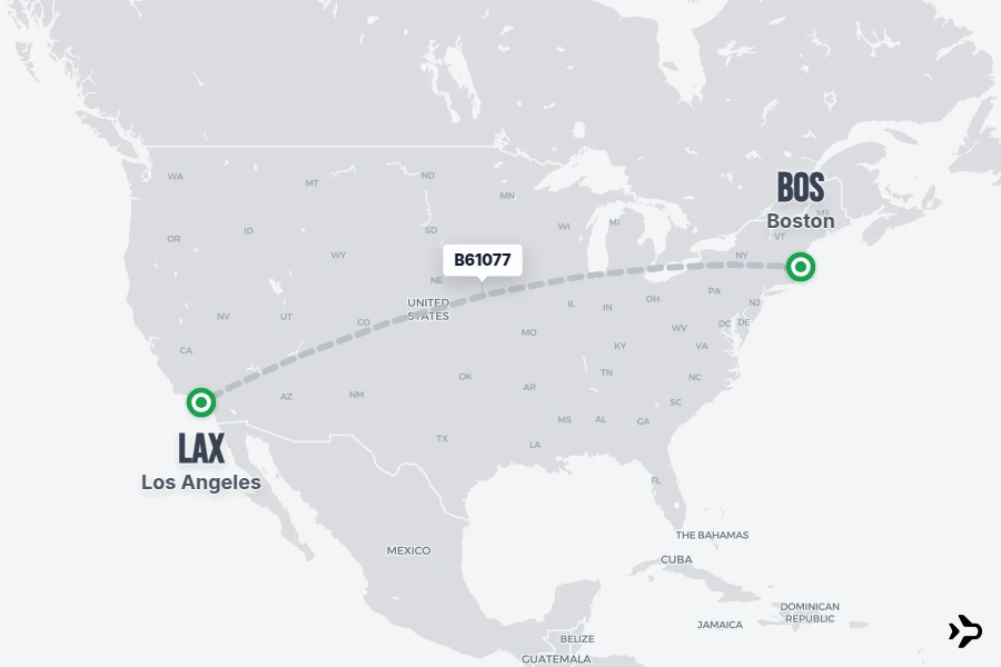 B61077 flight map from BOS to LAX