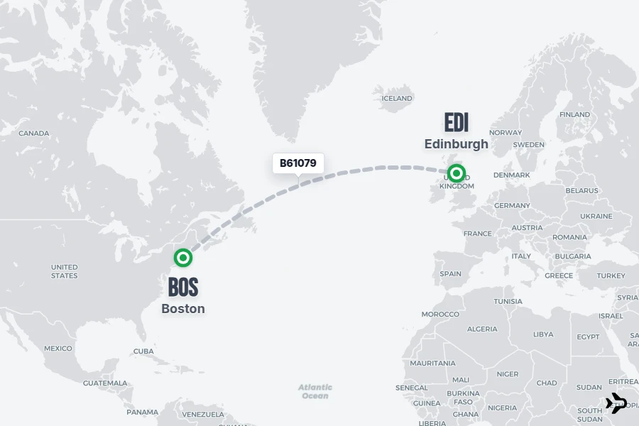 B61079 flight map from BOS to EDI