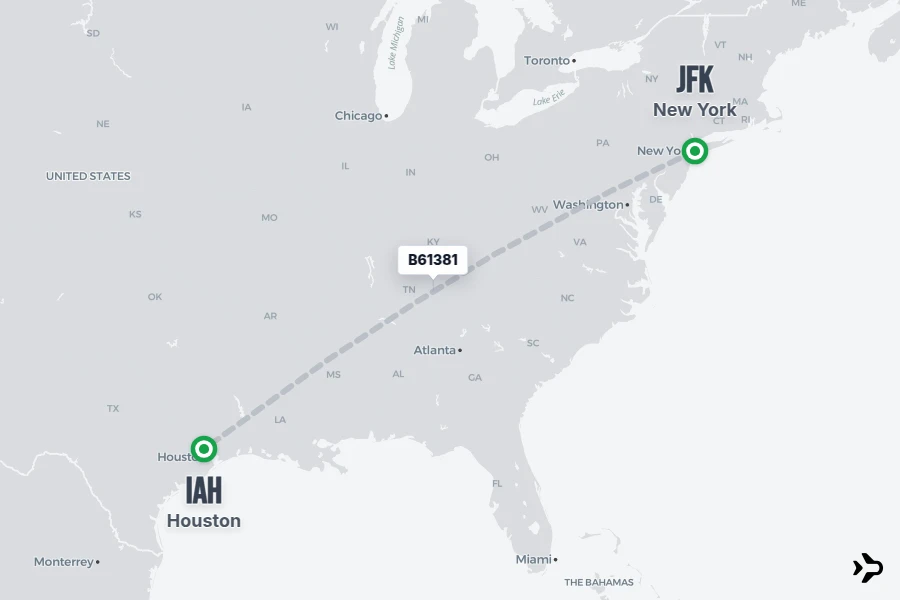 B61381 flight map from JFK to IAH