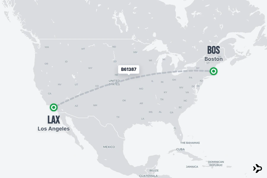 B61387 flight map from BOS to LAX