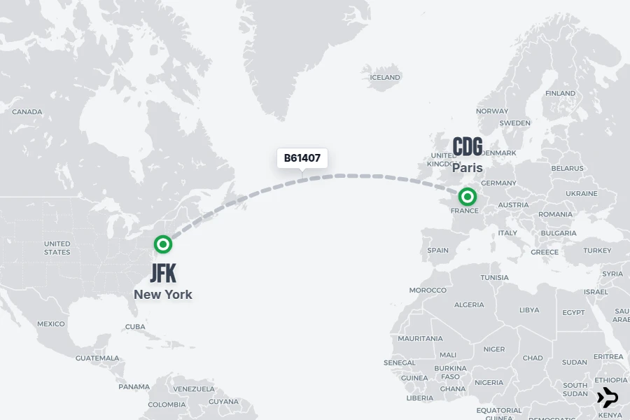 B61407 flight map from JFK to CDG