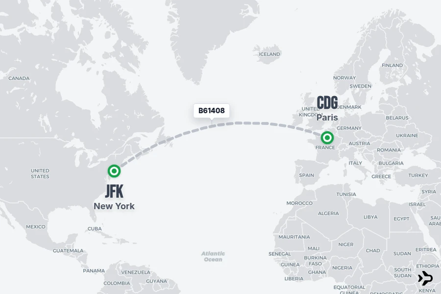 B61408 flight map from CDG to JFK