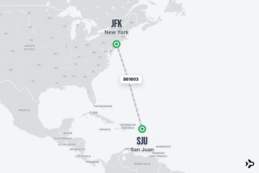 B61603 flight map from JFK to SJU