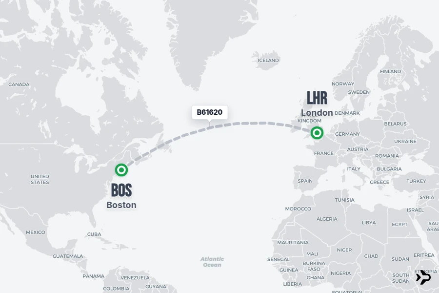 B61620 flight map from BOS to LHR