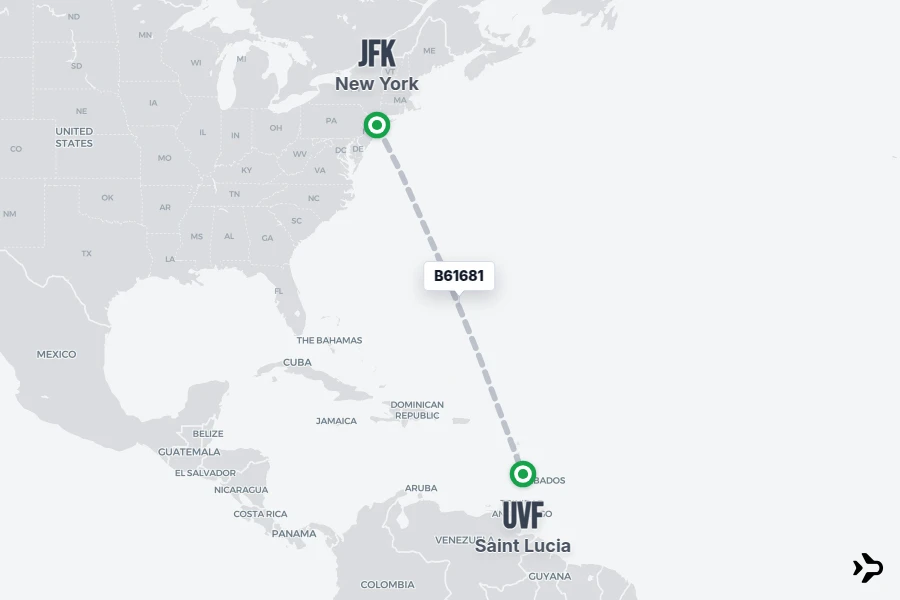 B61681 flight map from JFK to UVF
