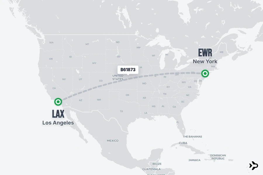 B61873 flight map from EWR to LAX