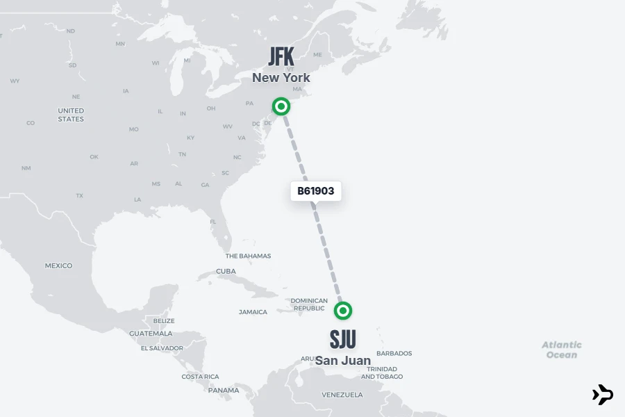 B61903 flight map from JFK to SJU