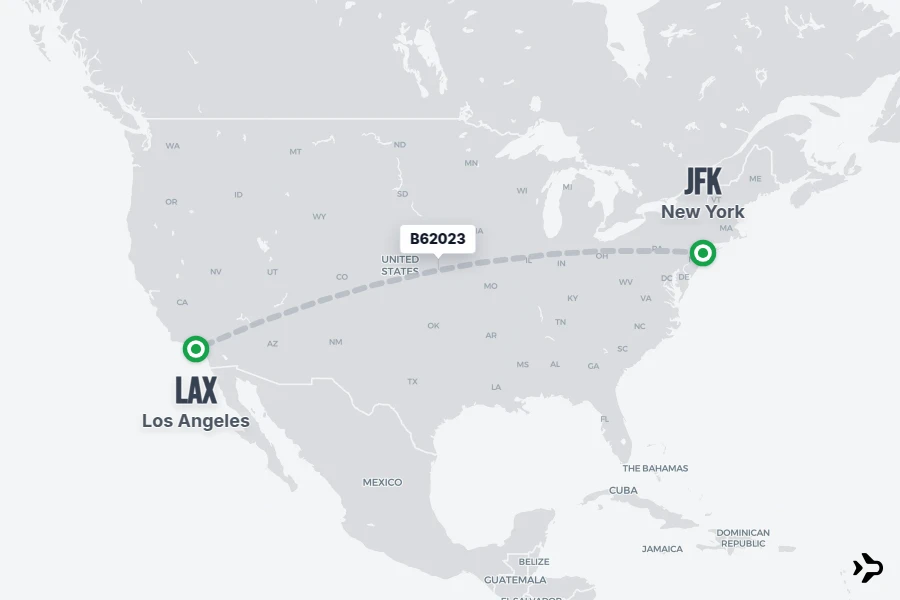 B62023 flight map from JFK to LAX