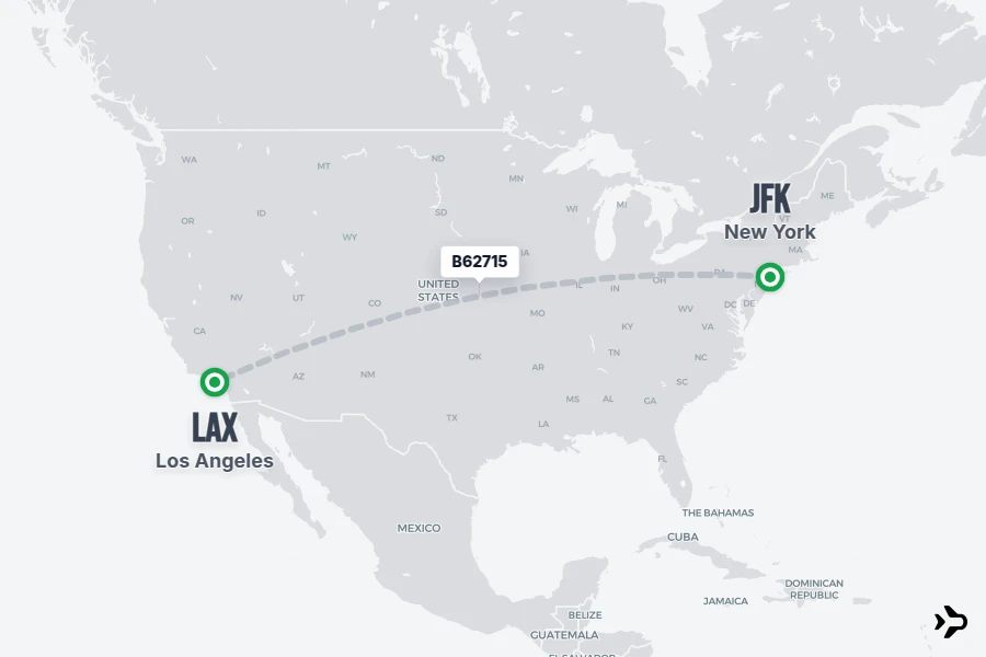 B62715 flight map from JFK to LAX