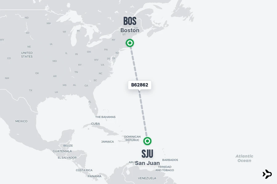B62862 flight map from SJU to BOS