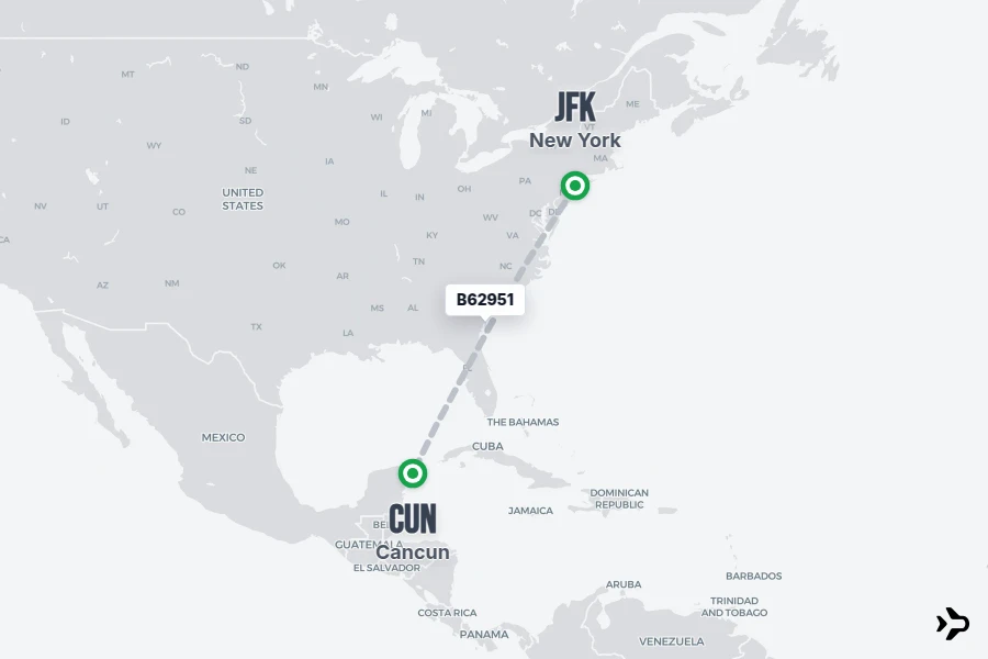 B62951 flight map from JFK to CUN