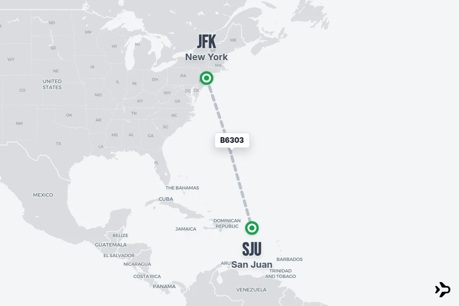 B6303 flight map from JFK to SJU