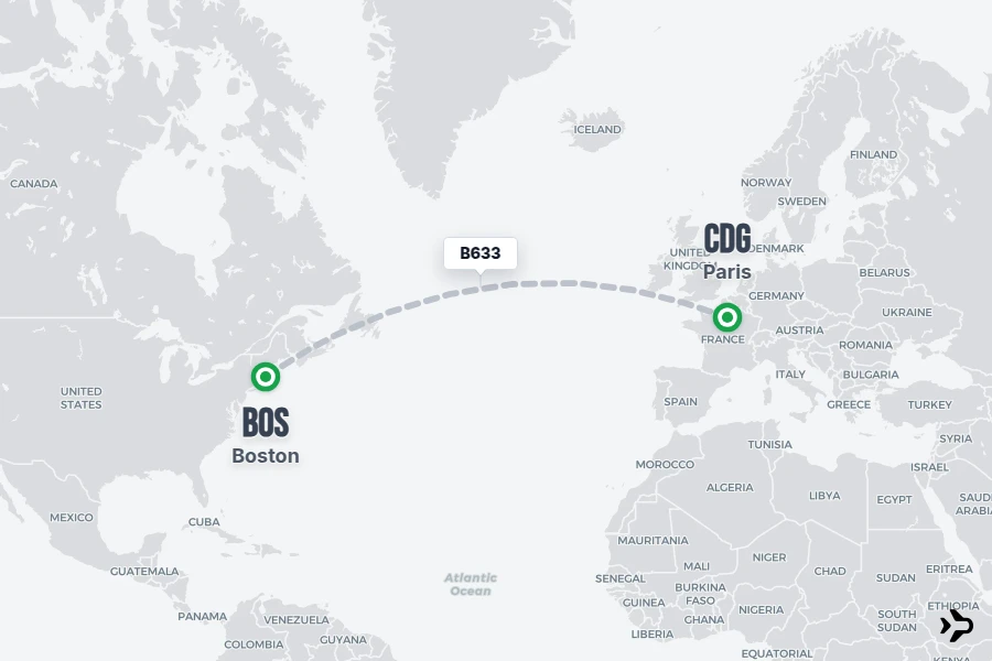 B633 flight map from BOS to CDG