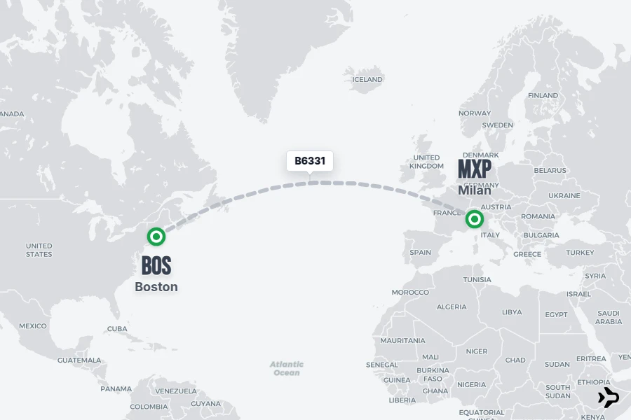 B6331 flight map from BOS to MXP