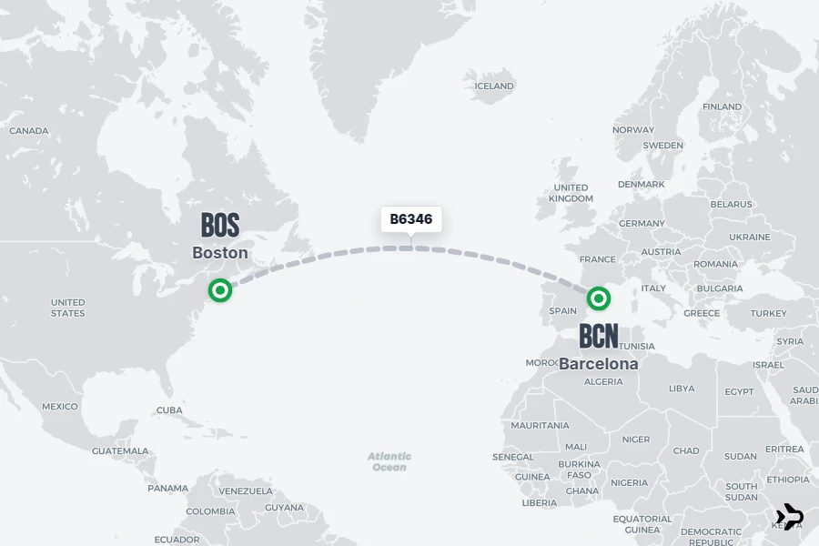 B6346 flight map from BCN to BOS