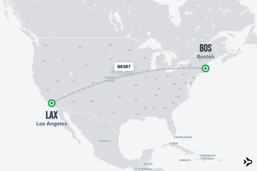 B6387 flight map from BOS to LAX