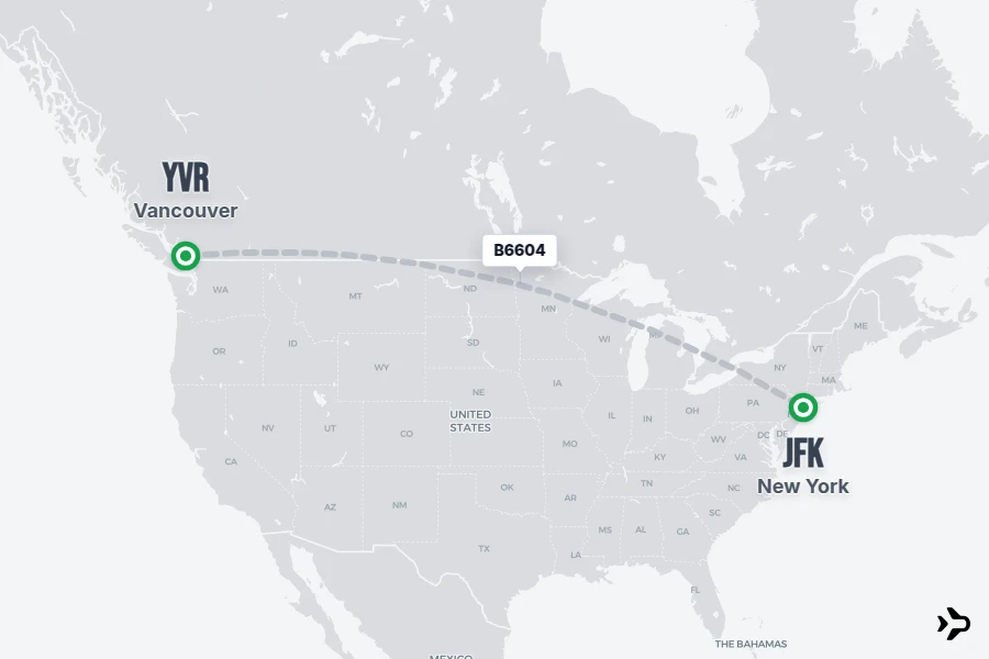 B6604 flight map from YVR to JFK