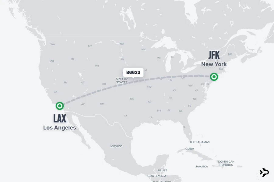 B6623 flight map from JFK to LAX