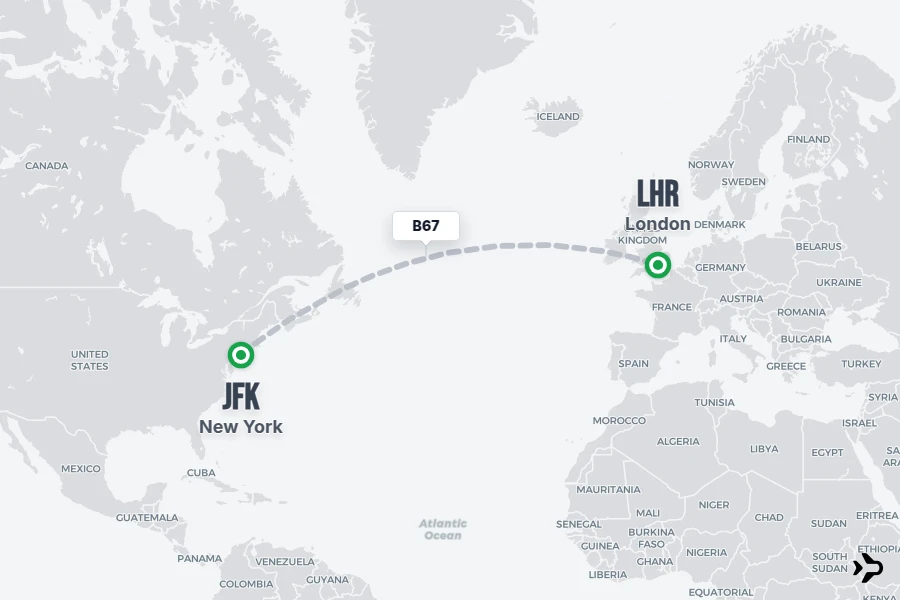 B67 flight map from JFK to LHR