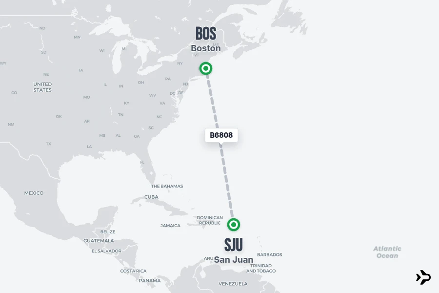 B6808 flight map from SJU to BOS