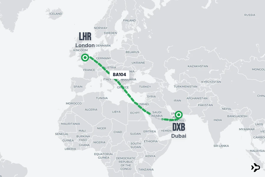 BA104 flight map from DXB to LHR