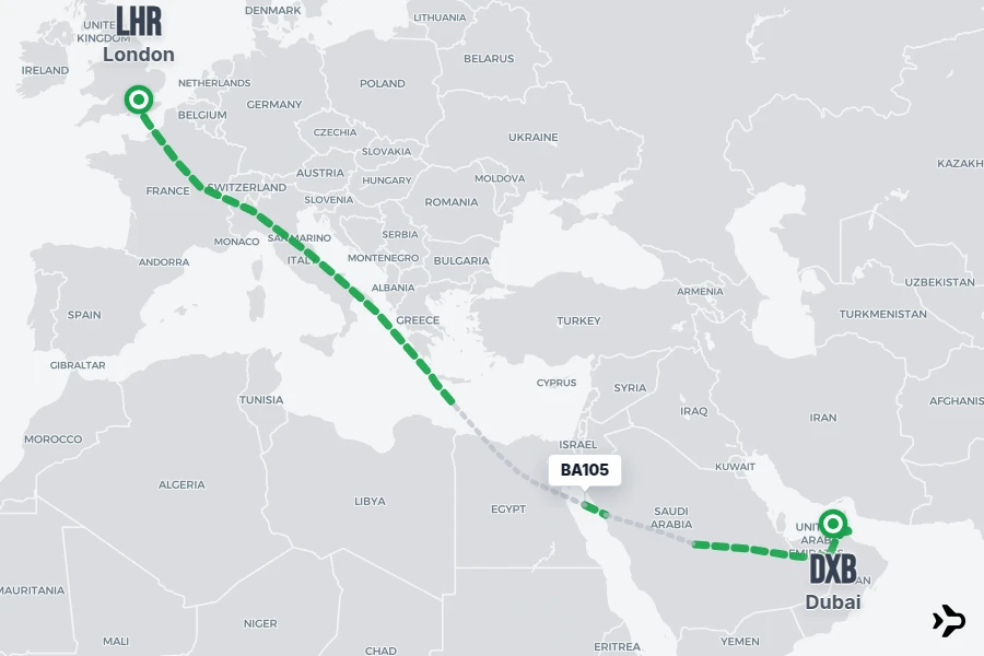 BA105 flight map from LHR to DXB