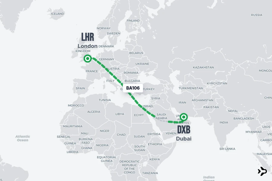 BA106 flight map from DXB to LHR