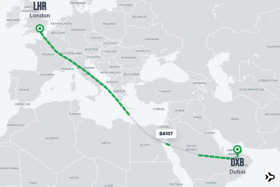 BA107 flight map from LHR to DXB