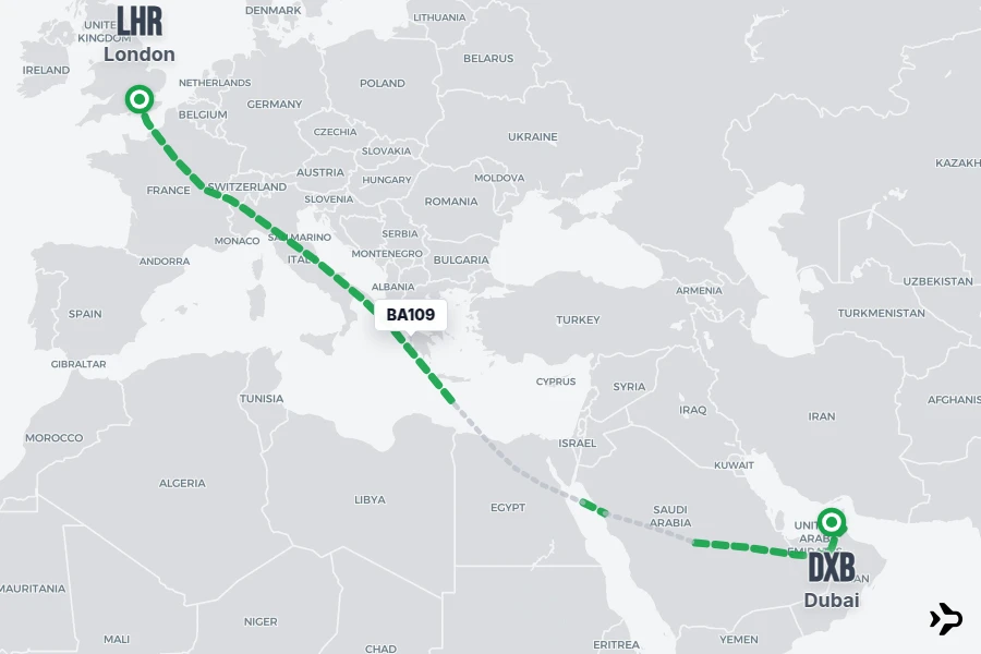 BA109 flight map from LHR to DXB