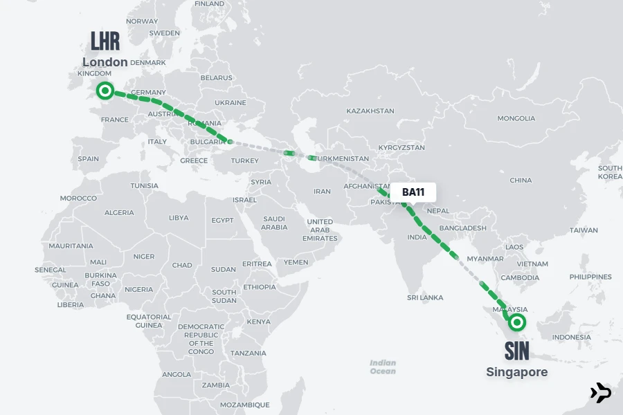 BA11 flight map from LHR to SIN