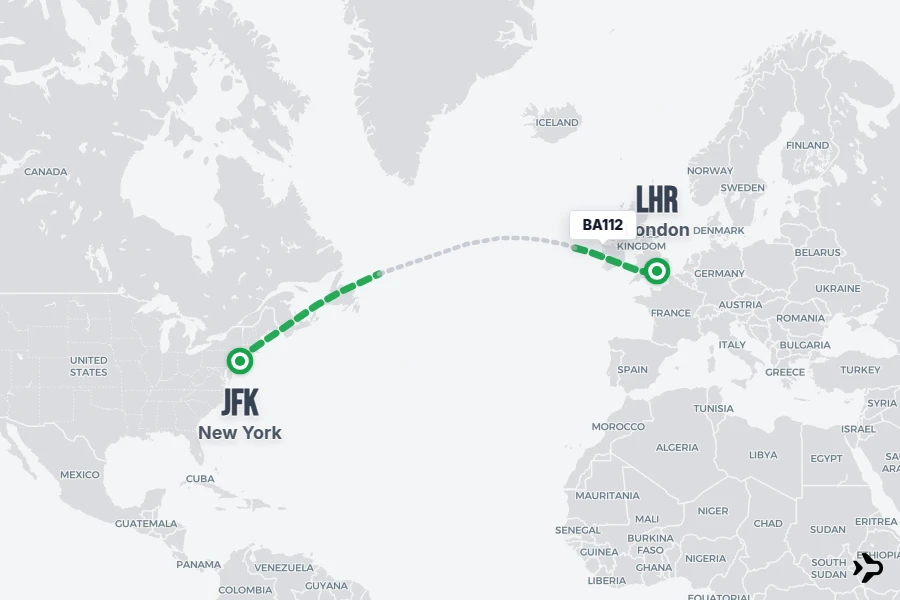 BA112 flight map from JFK to LHR