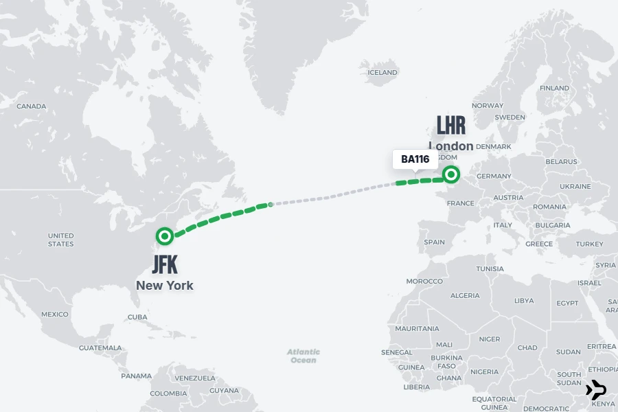 BA116 flight map from JFK to LHR