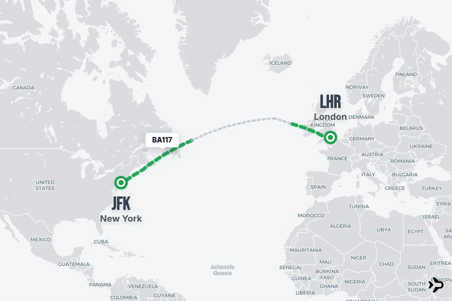 BA117 flight map from LHR to JFK