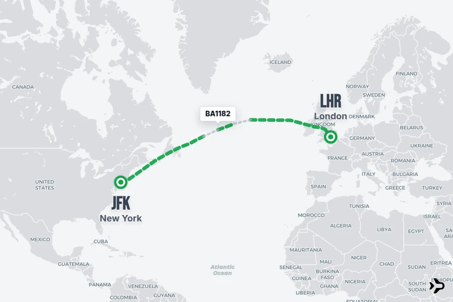 BA1182 flight map from JFK to LHR