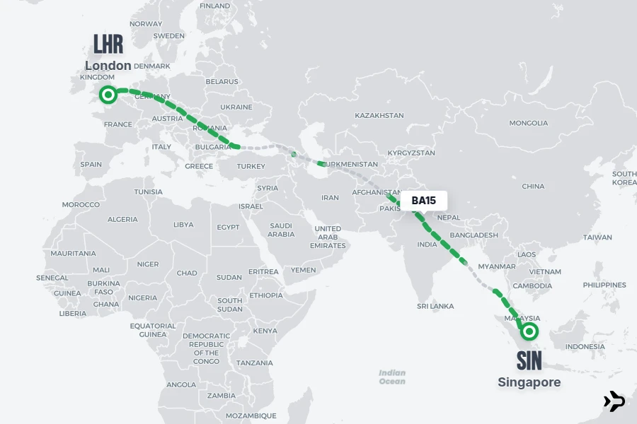 BA15 flight map from LHR to SIN