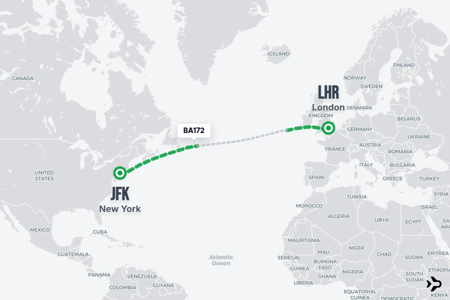 BA172 flight map from JFK to LHR