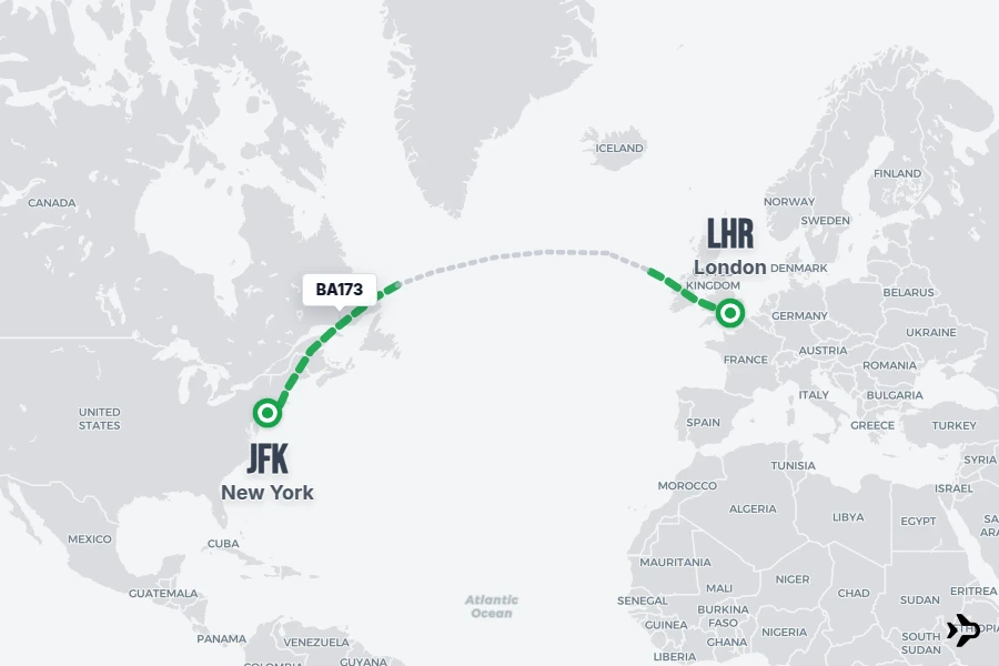 BA173 flight map from LHR to JFK