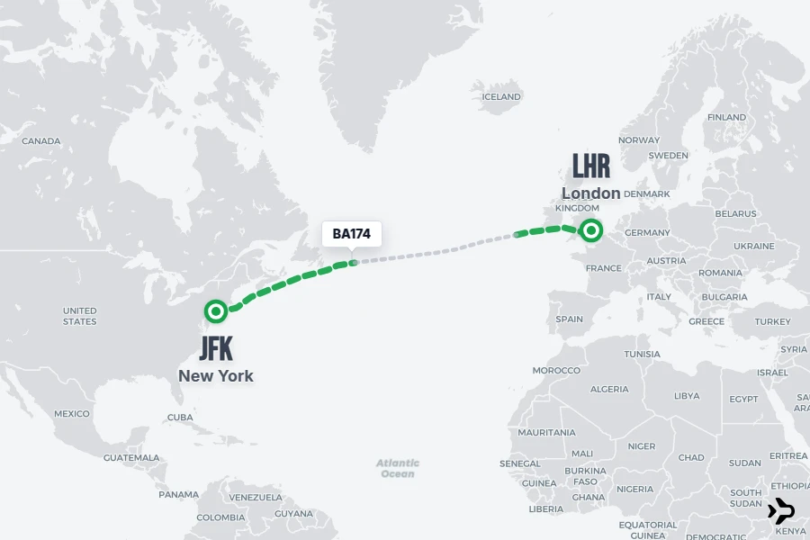 BA174 flight map from JFK to LHR