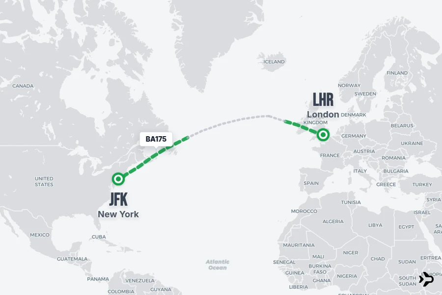 BA175 flight map from LHR to JFK