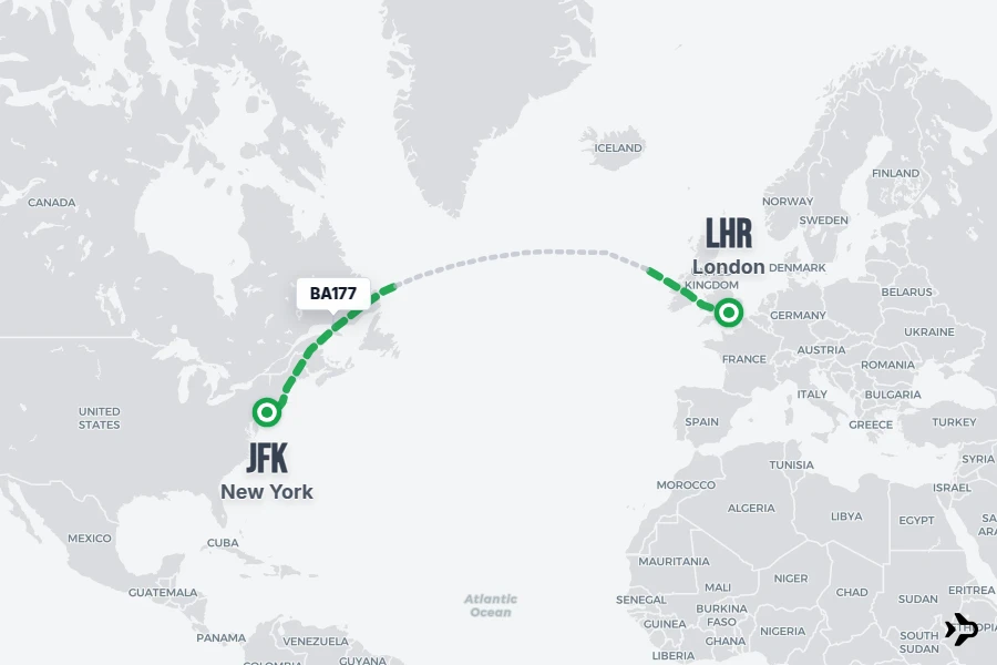 BA177 flight map from LHR to JFK