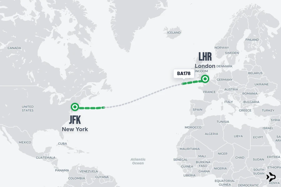 BA178 flight map from JFK to LHR
