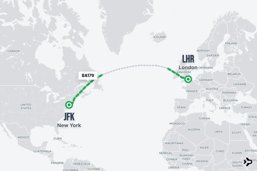 BA179 flight map from LHR to JFK