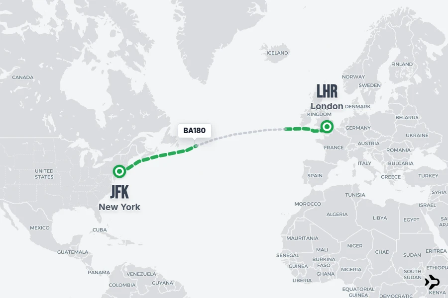 BA180 flight map from JFK to LHR